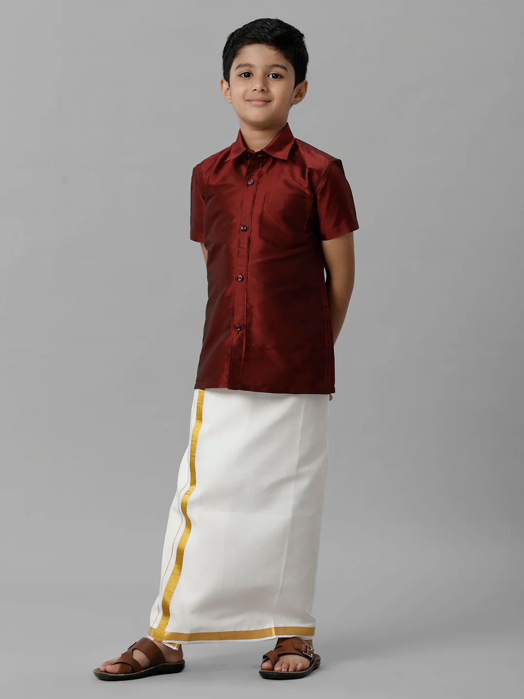 Boys Maroon Half Sleeves Shirt with Cream Dhoti Combo K7 - Image 3