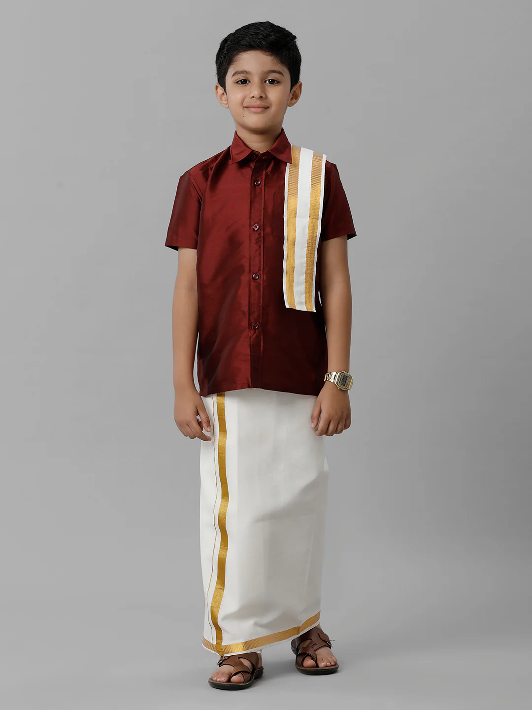 Boys Maroon Half Sleeves Shirt with Cream Dhoti Towel Combo K7 - Image 2