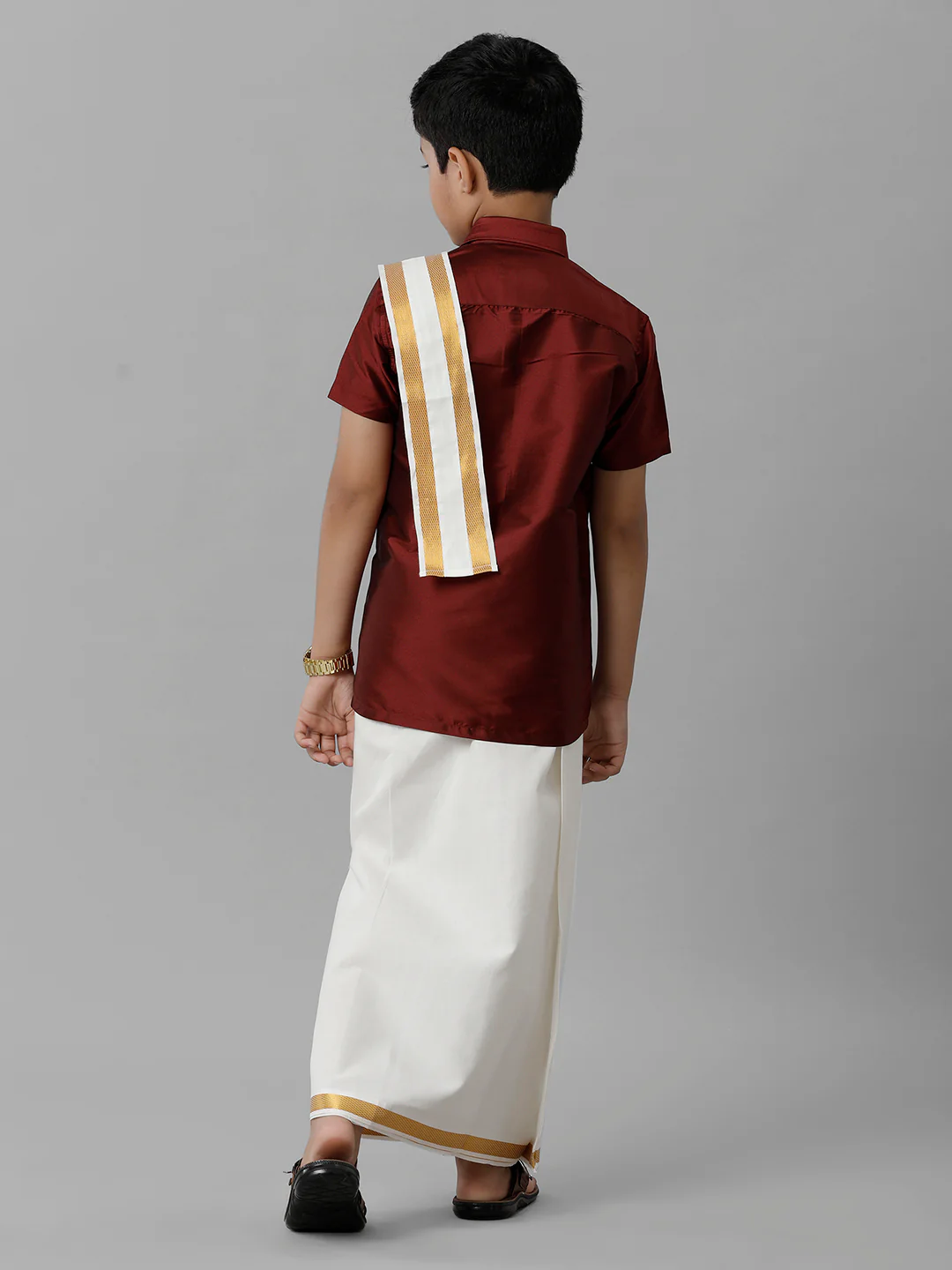 Boys Maroon Half Sleeves Shirt with Cream Dhoti Towel Combo K7 - Image 3