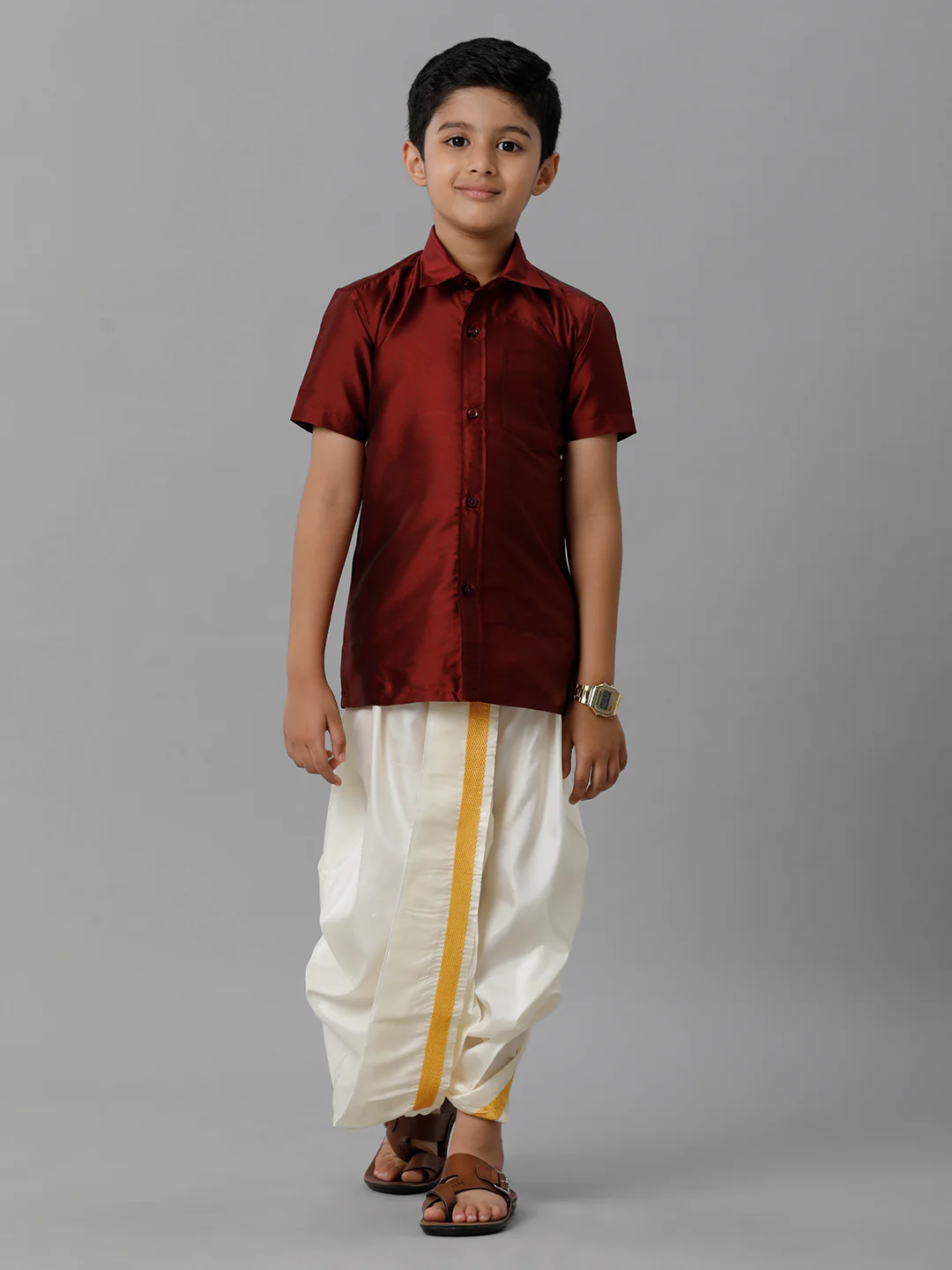 Boys Maroon Half Sleeves Shirt with Cream Panchakacham Set K7 - Image 2