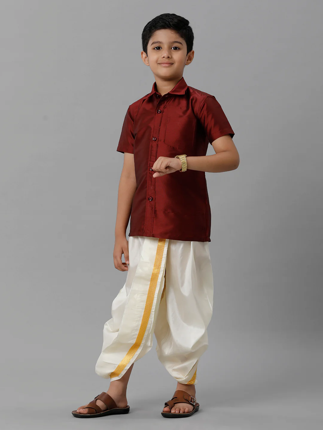 Boys Maroon Half Sleeves Shirt with Cream Panchakacham Set K7 - Image 3