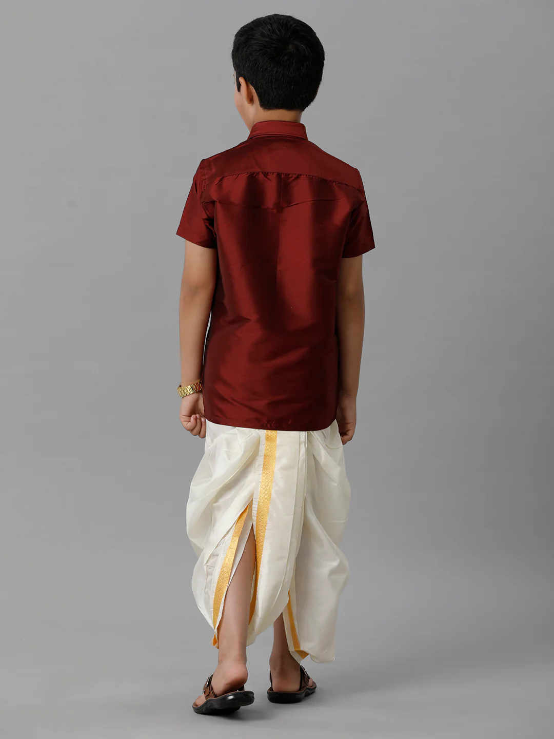 Boys Maroon Half Sleeves Shirt with Cream Panchakacham Set K7 - Image 4