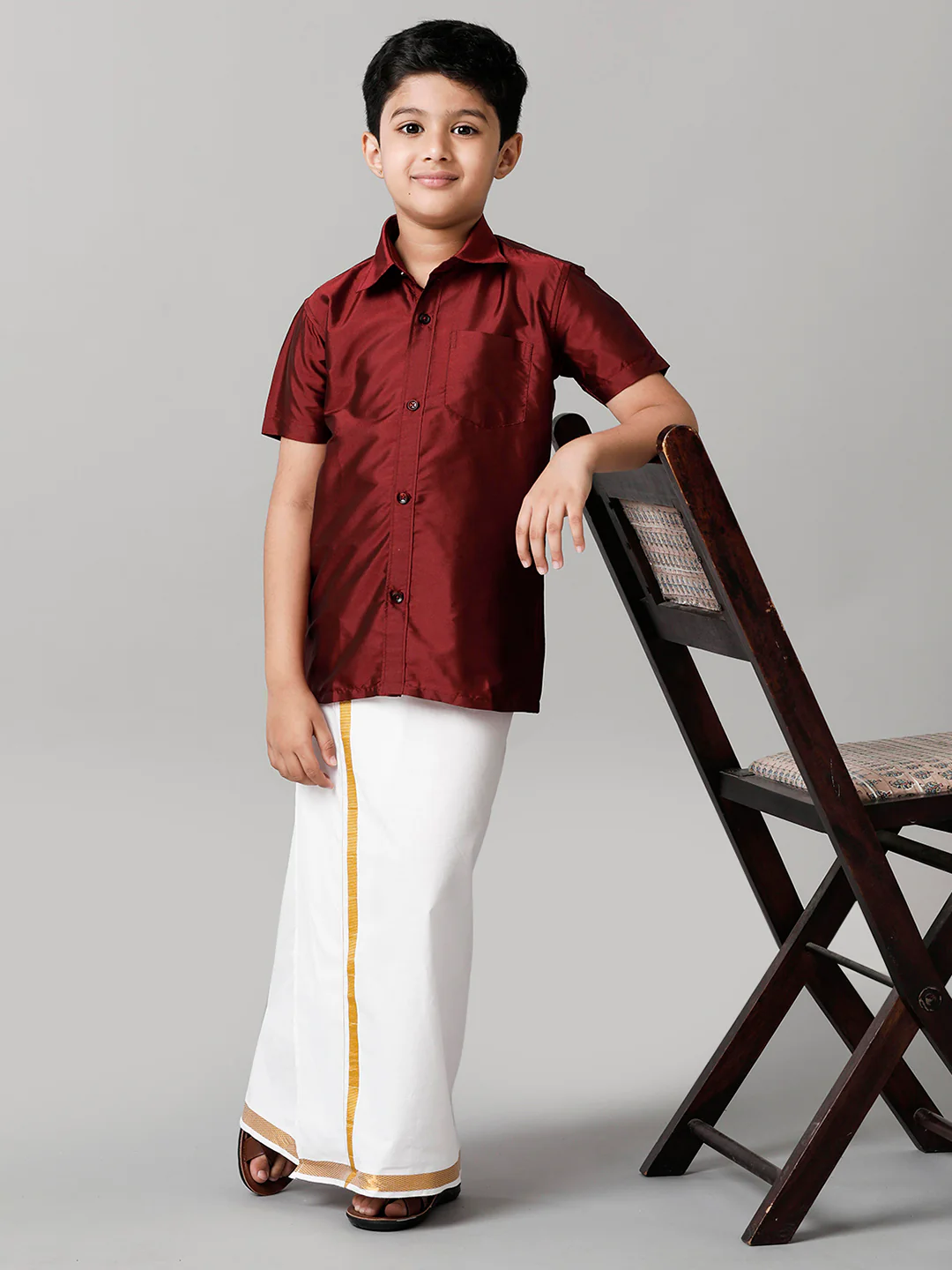 Boys Maroon Half Sleeves Shirt with White Dhoti Combo K7 - Image 2