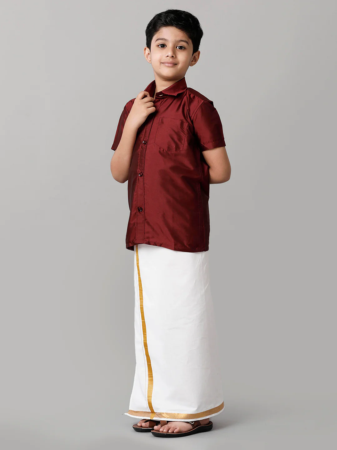 Boys Maroon Half Sleeves Shirt with White Dhoti Combo K7 - Image 3