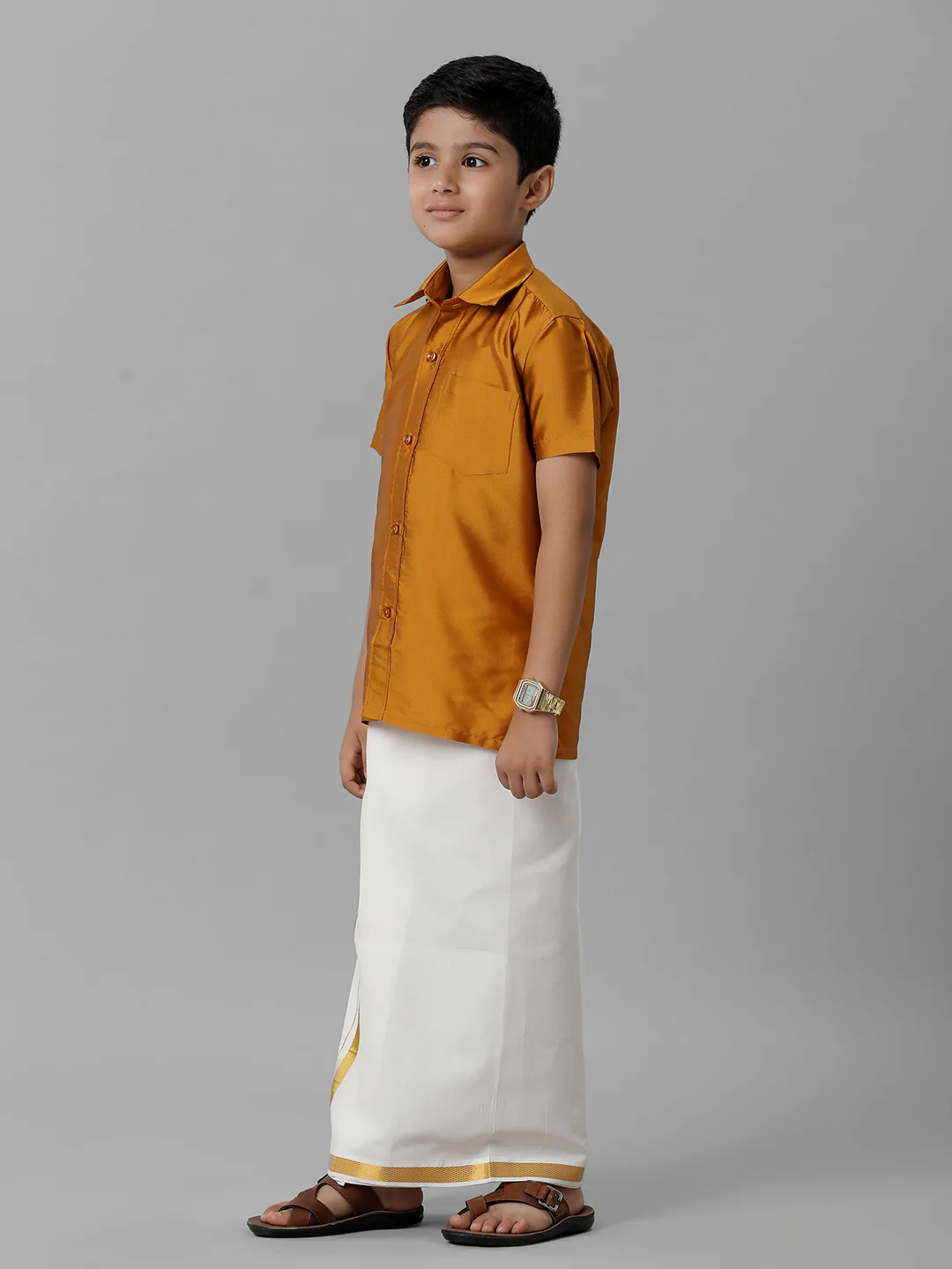 Boys Mustard Half Sleeves Shirt with Cream Dhoti Combo K37 - Image 3