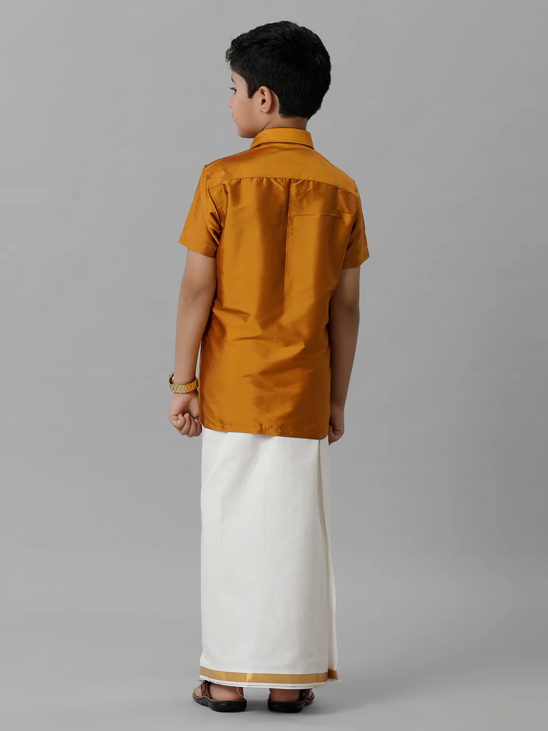 Boys Mustard Half Sleeves Shirt with Cream Dhoti Combo K37 - Image 4