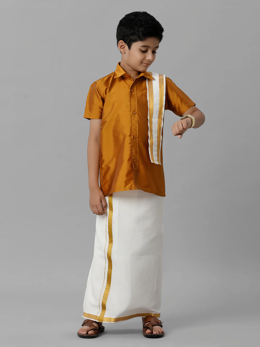 Boys Mustard Half Sleeves Shirt with Cream Dhoti Towel Combo K37 - Image 2