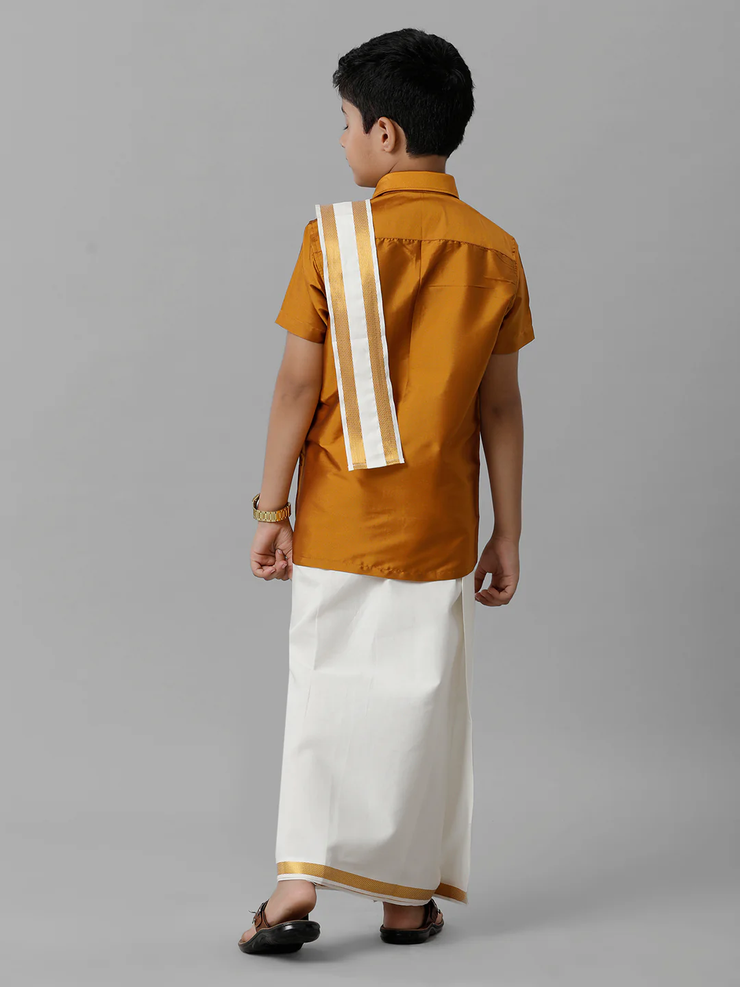 Boys Mustard Half Sleeves Shirt with Cream Dhoti Towel Combo K37 - Image 3