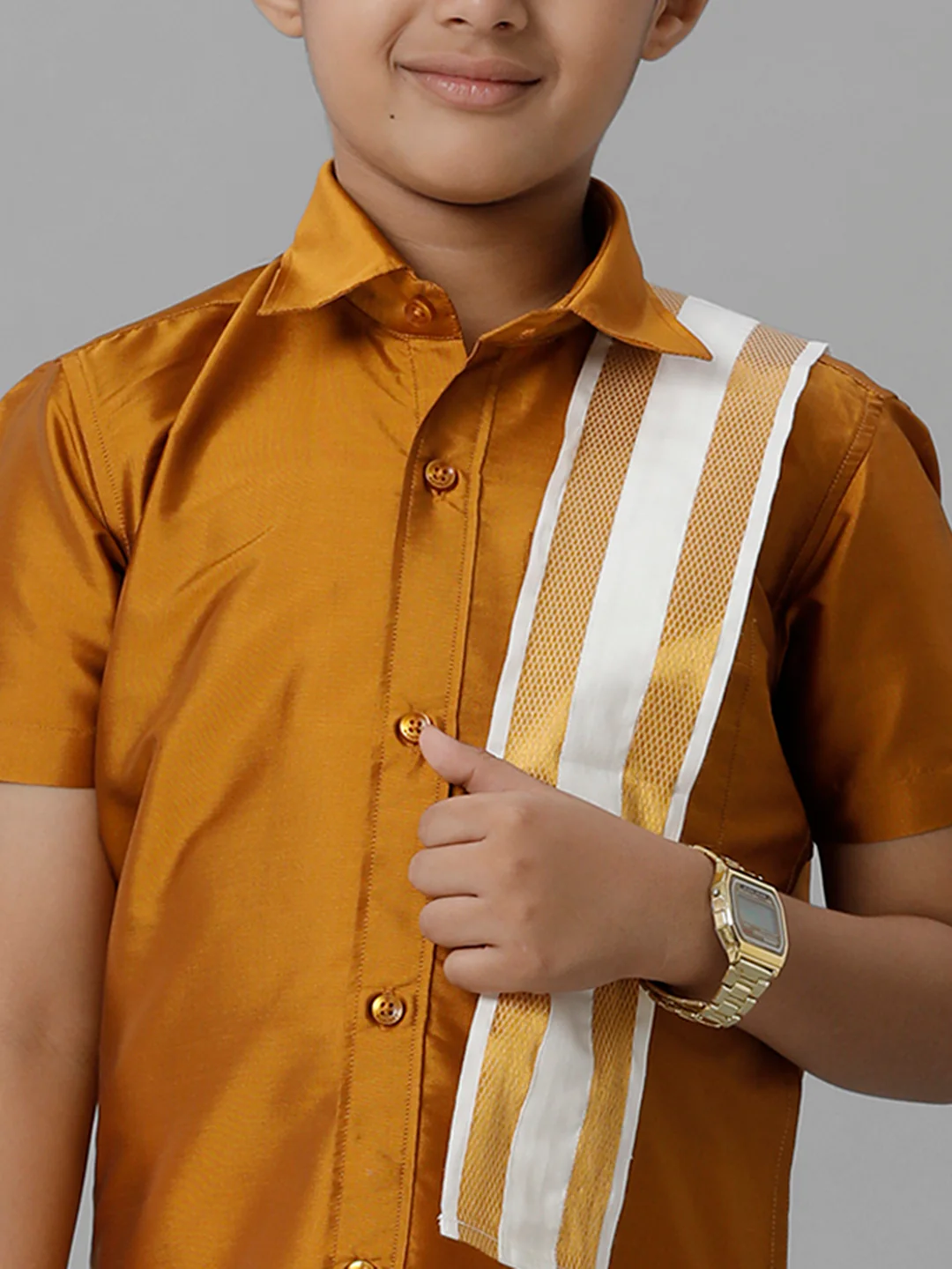 Boys Mustard Half Sleeves Shirt with Cream Dhoti Towel Combo K37 - Image 4
