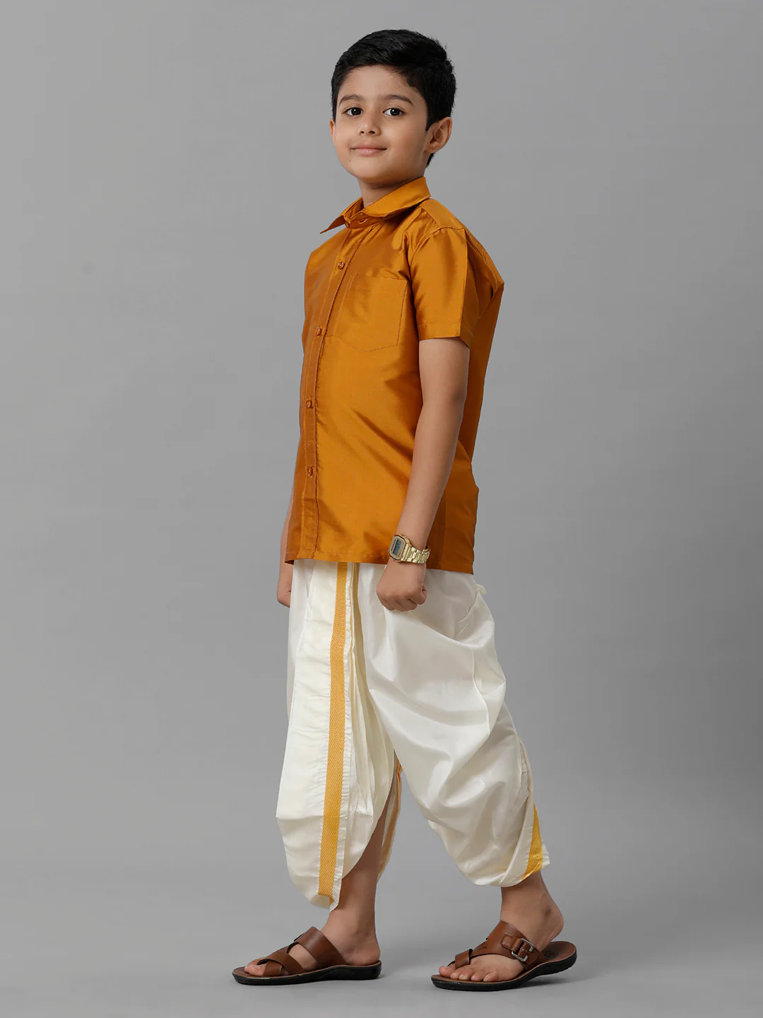 Boys Mustard Half Sleeves Shirt with Cream Panchakacham Set K37 - Image 2