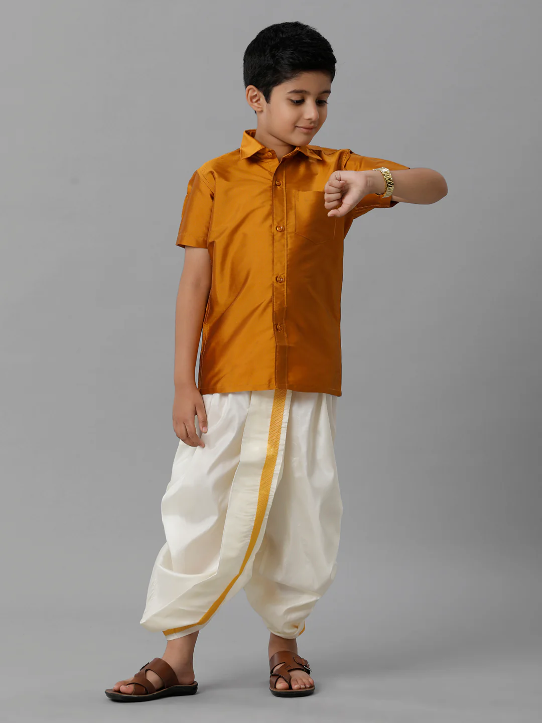 Boys Mustard Half Sleeves Shirt with Cream Panchakacham Set K37 - Image 3