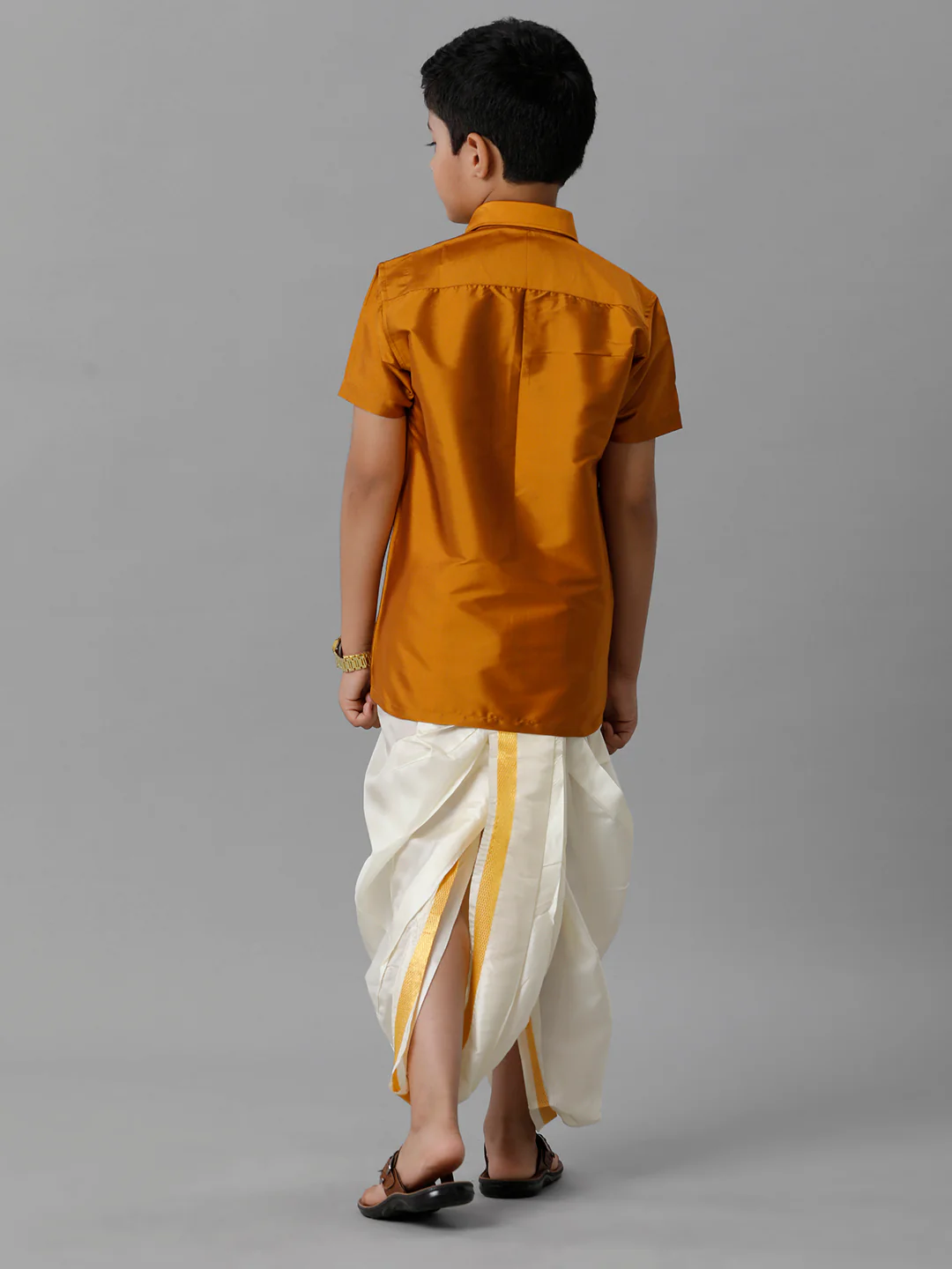 Boys Mustard Half Sleeves Shirt with Cream Panchakacham Set K37 - Image 4