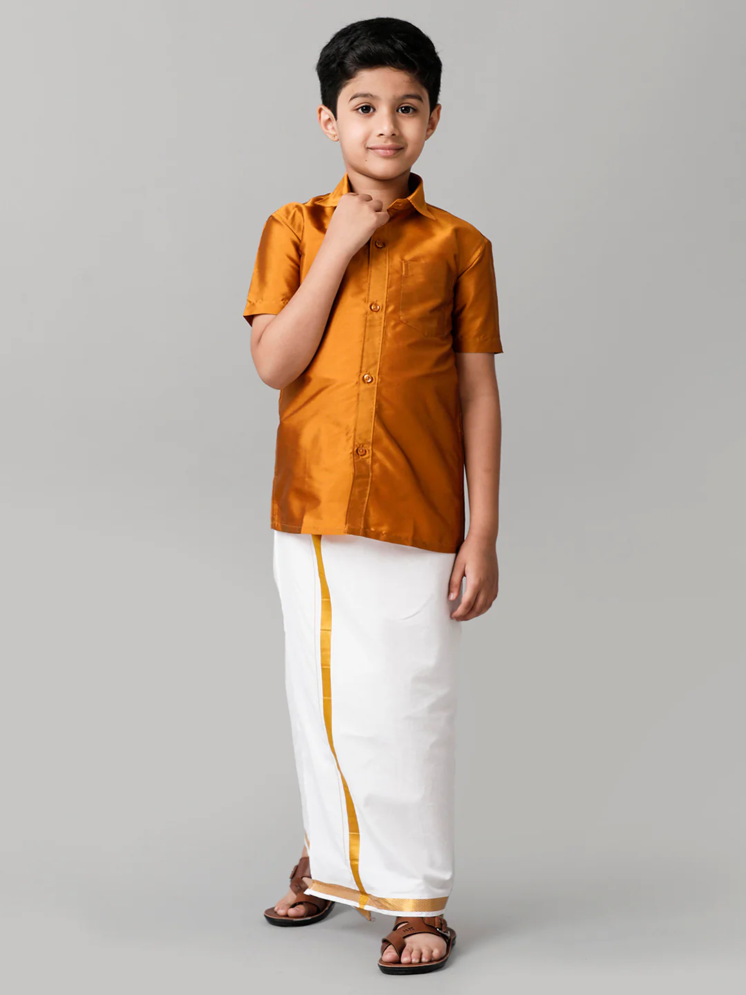 Boys Mustard Half Sleeves Shirt with White Dhoti Combo K37 - Image 3
