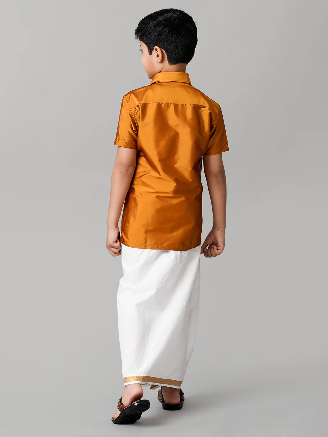 Boys Mustard Half Sleeves Shirt with White Dhoti Combo K37 - Image 4