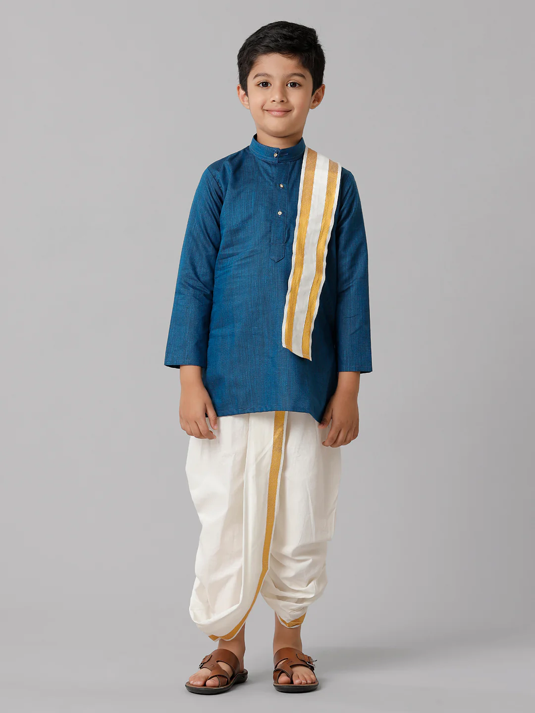 Boys Navy Kurta with Cream Elastic Panchakacham Towel Set FS8