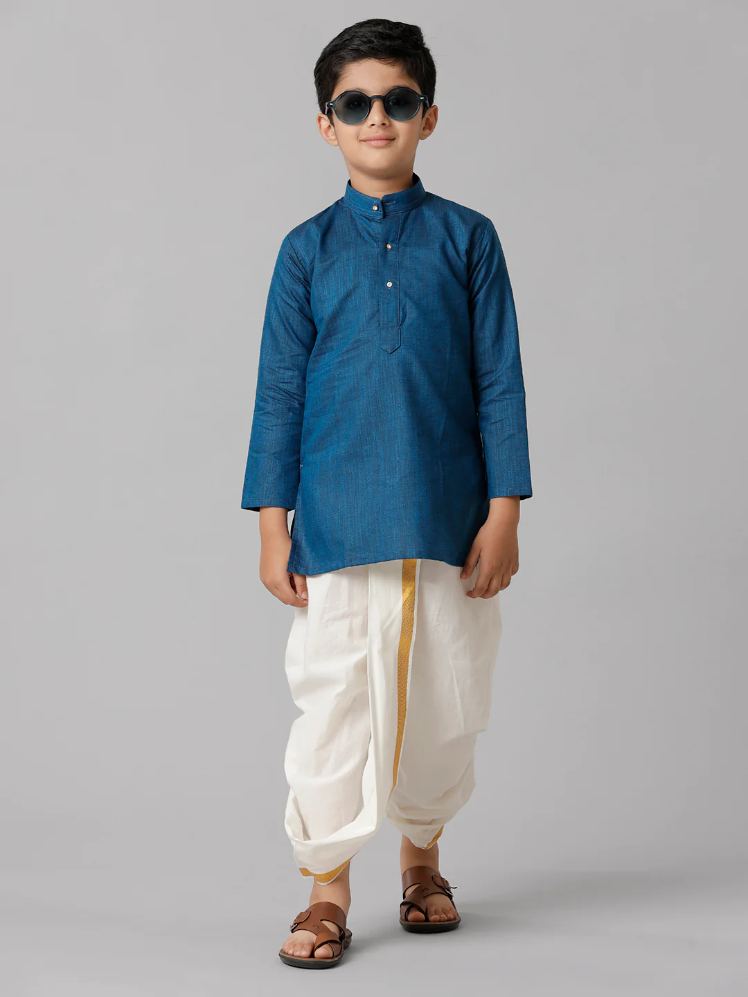 Boys Navy Kurta with Cream Elastic Panchakacham Towel Set FS8 - Image 2