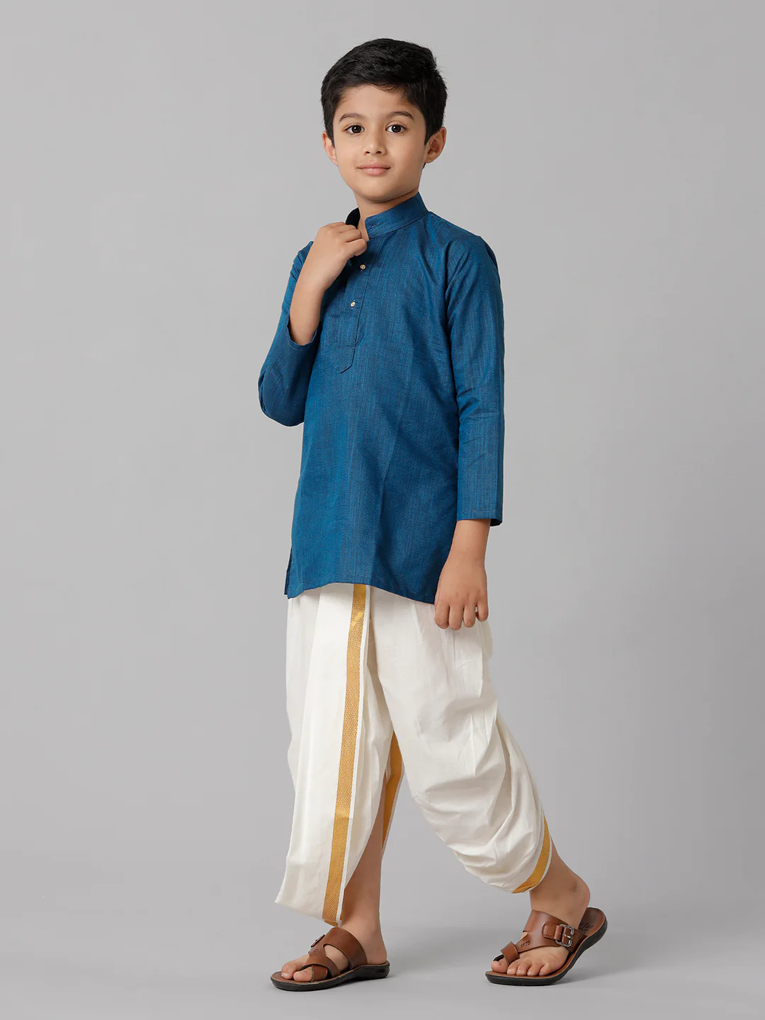 Boys Navy Kurta with Cream Elastic Panchakacham Towel Set FS8 - Image 3