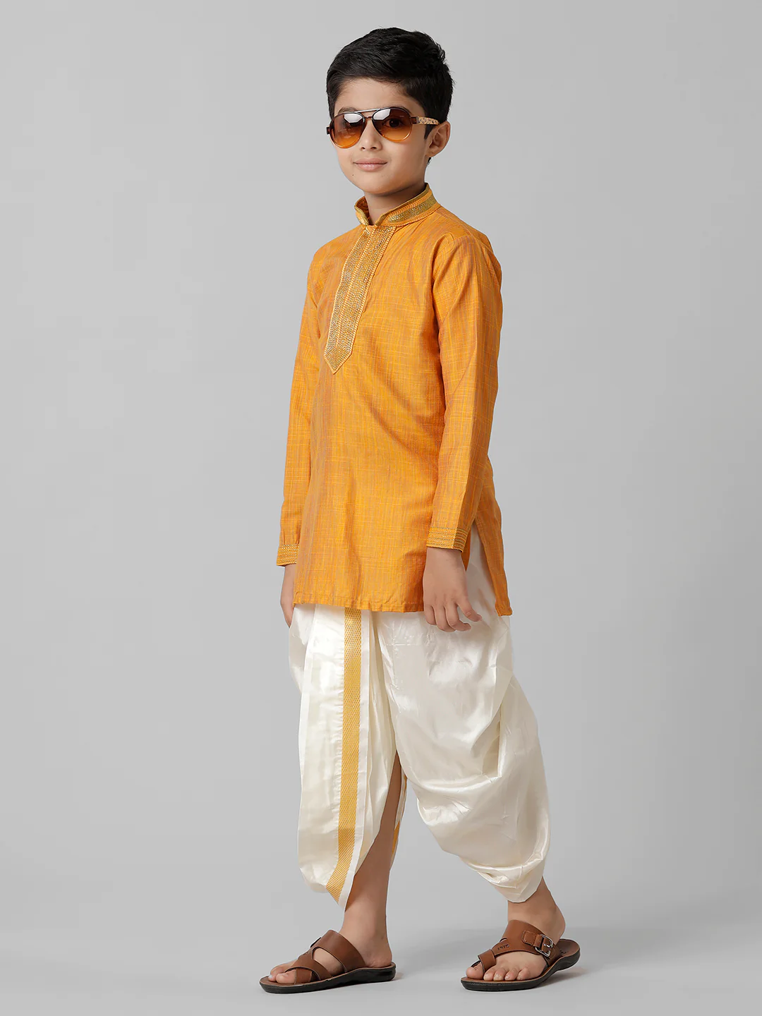 Boys Orange Kurta with Cream Art Silk Panchakacham Combo EMD3 - Image 3