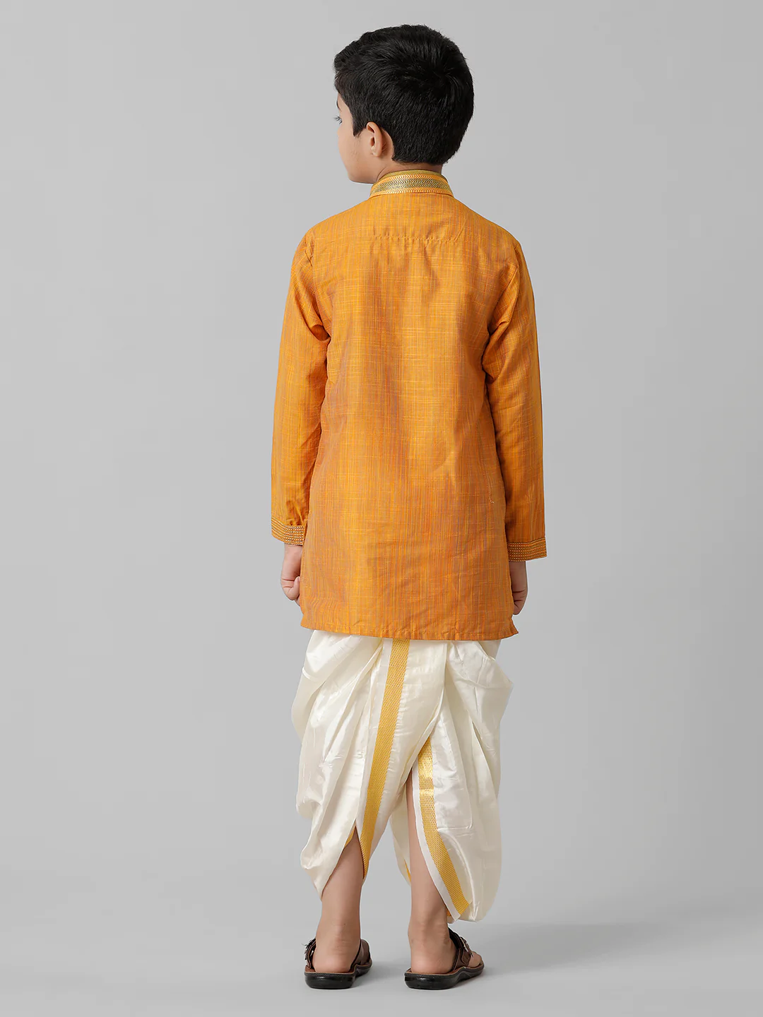 Boys Orange Kurta with Cream Art Silk Panchakacham Combo EMD3 - Image 4