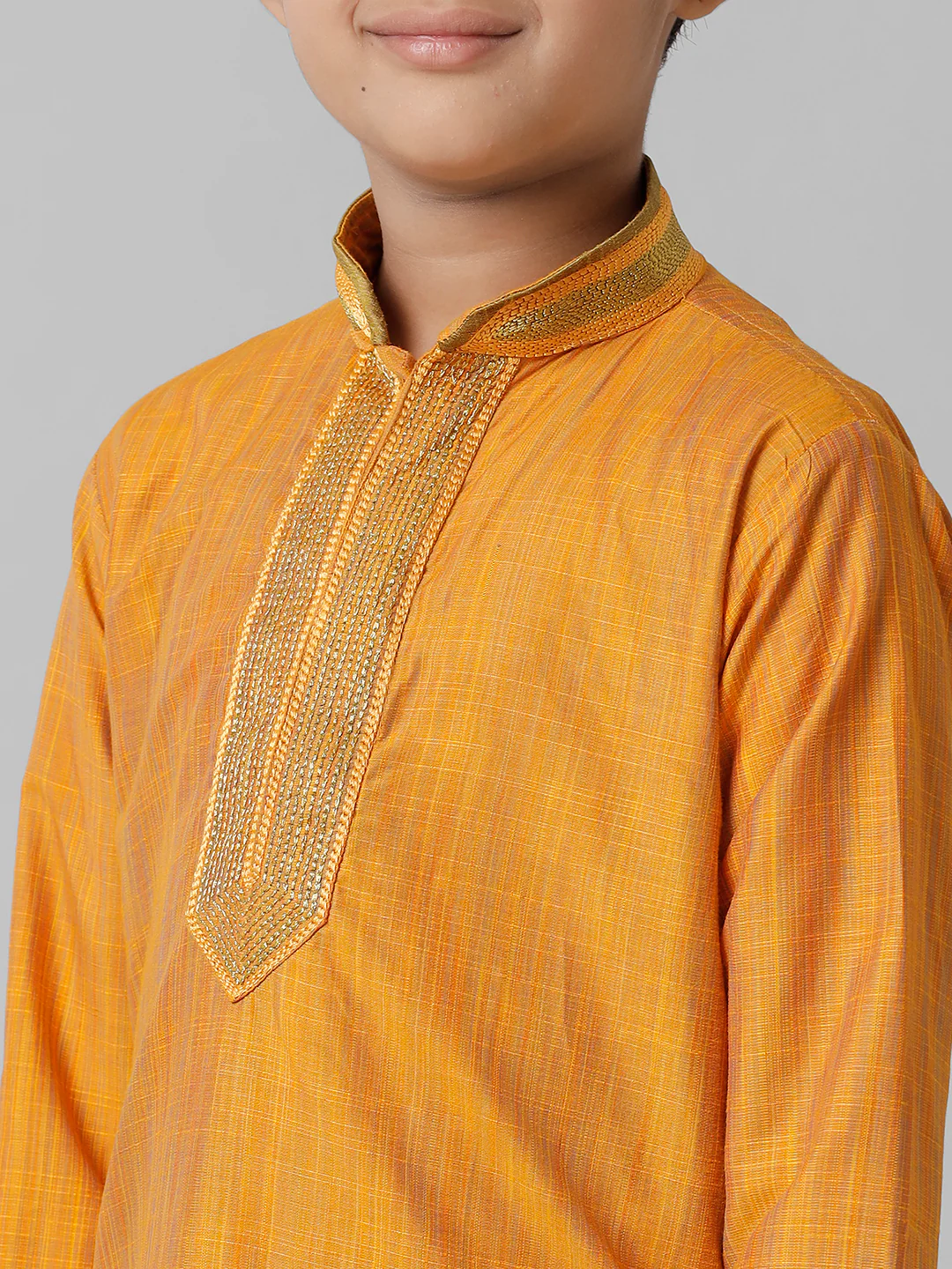 Boys Orange Kurta with Cream Art Silk Panchakacham Combo EMD3 - Image 5