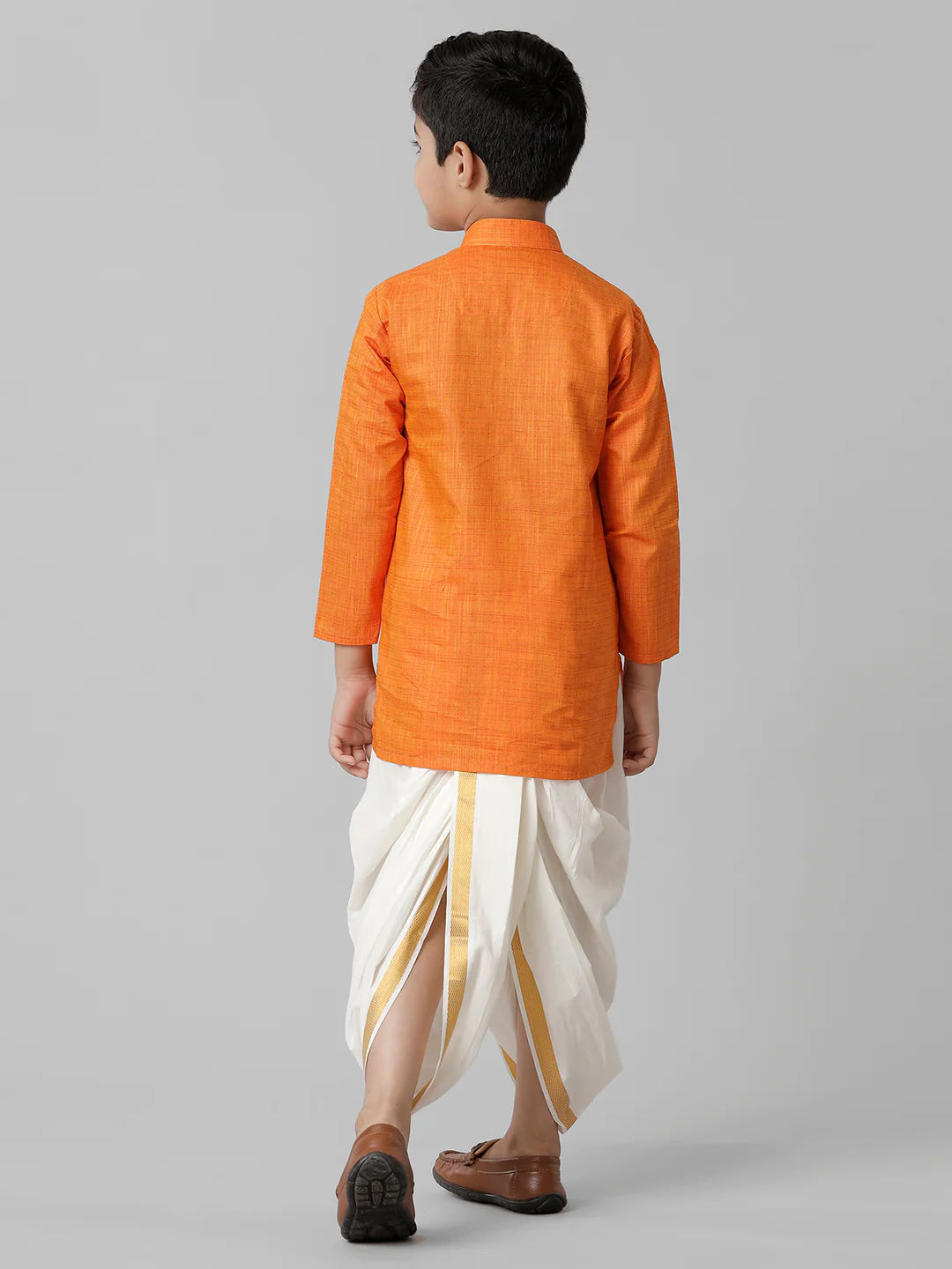 Boys Orange Kurta with Cream Elastic Panchakacham Combo FS3 - Image 3