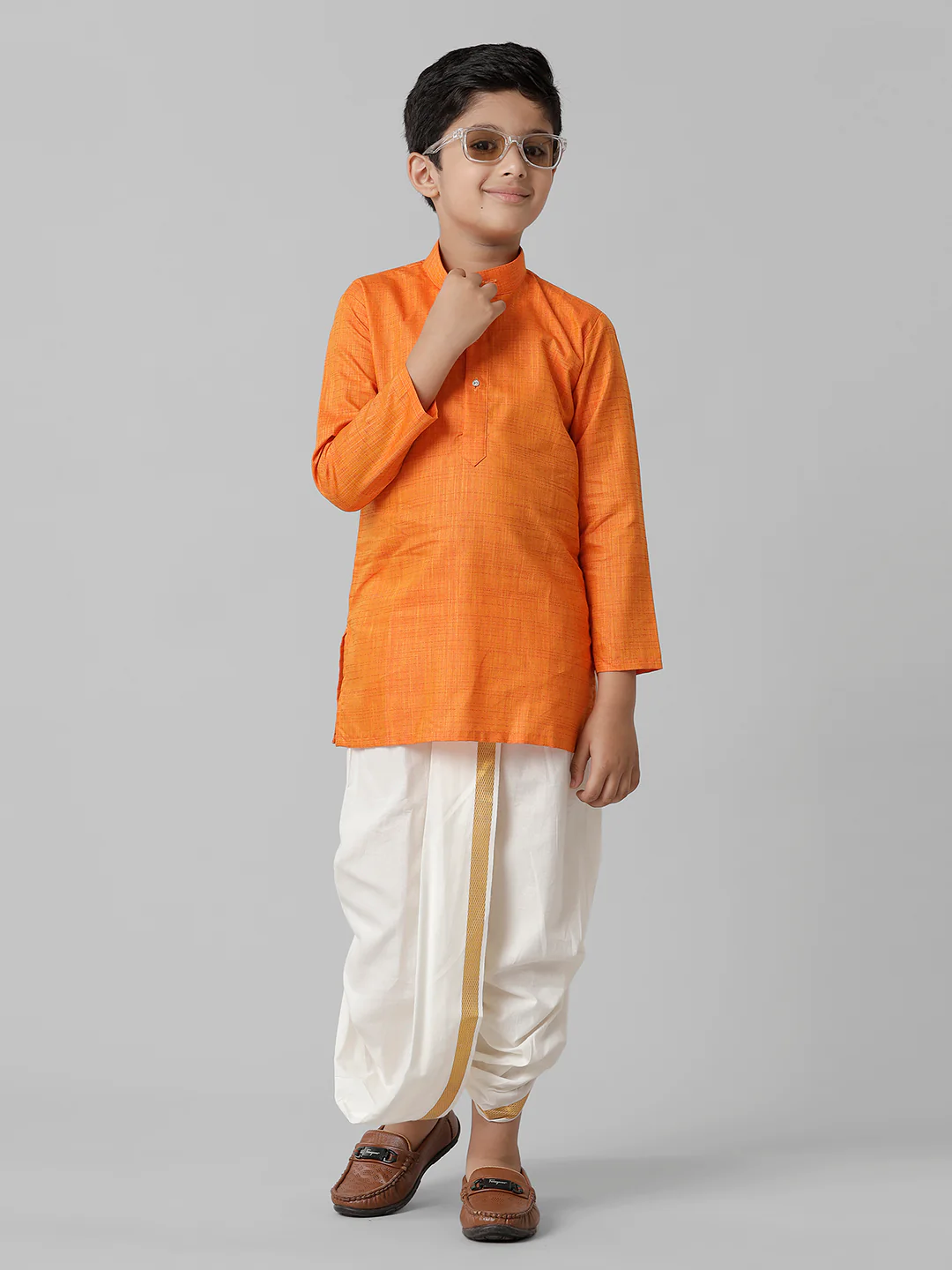 Boys Orange Kurta with Cream Elastic Panchakacham Towel Set FS3 - Image 2