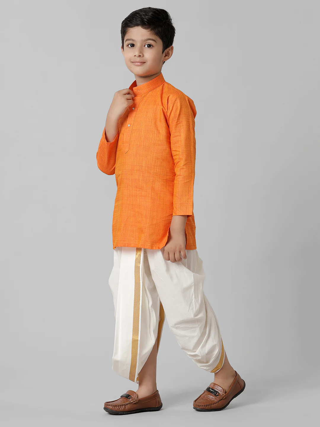 Boys Orange Kurta with Cream Elastic Panchakacham Towel Set FS3 - Image 3