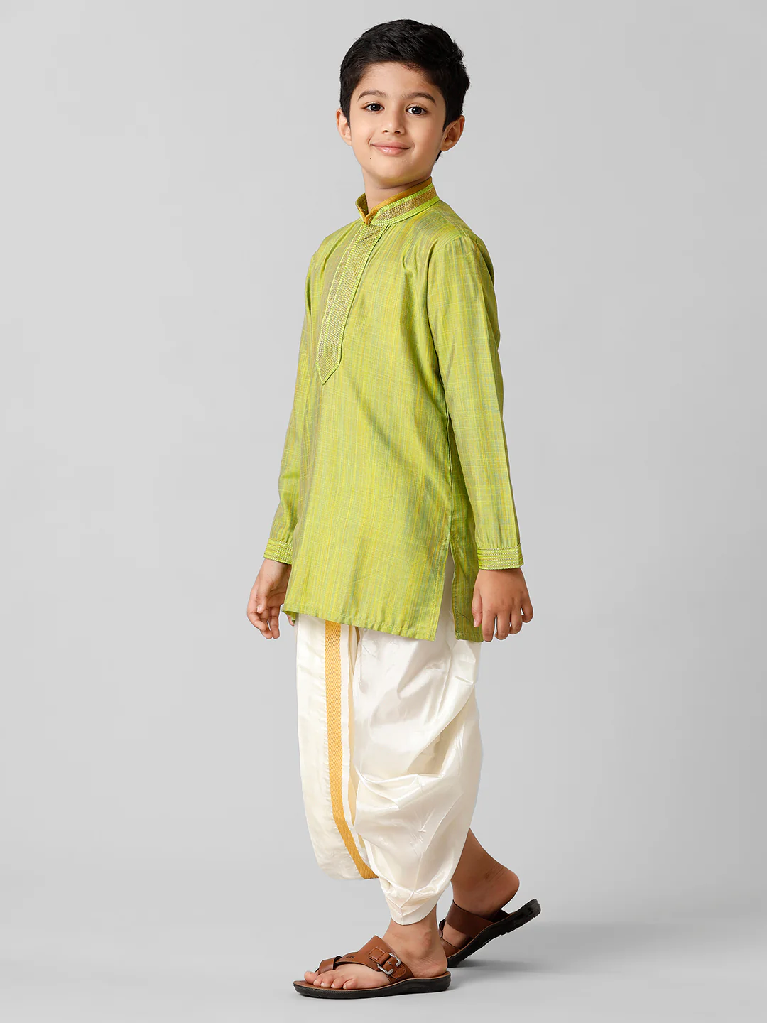 Boys Parrot Green Kurta with Cream Art Silk Panchakacham Combo EMD5 - Image 3