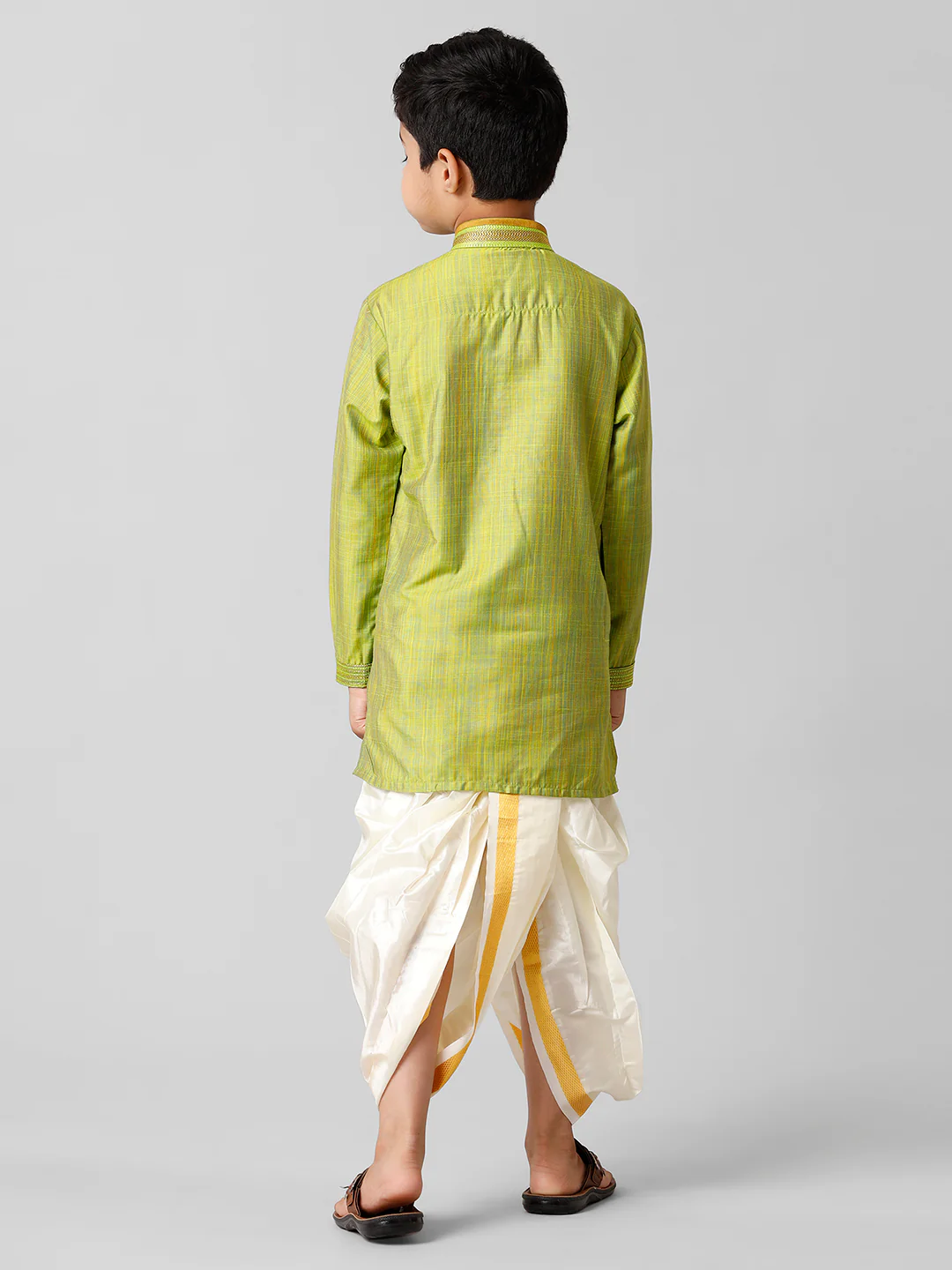 Boys Parrot Green Kurta with Cream Art Silk Panchakacham Combo EMD5 - Image 4
