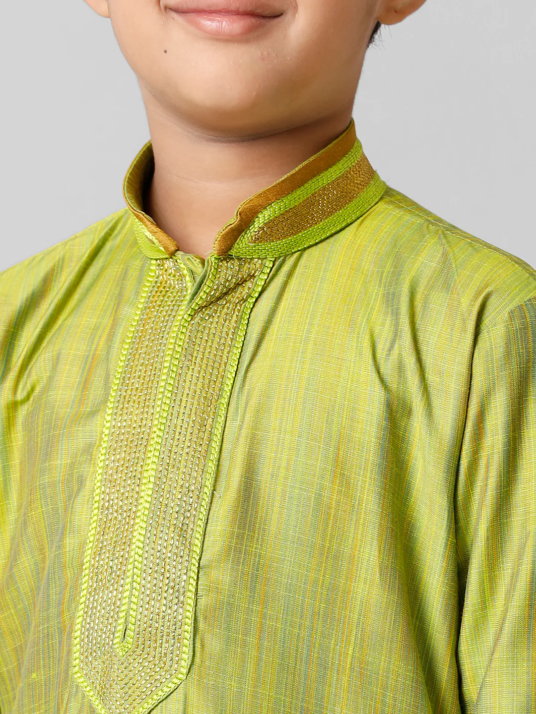 Boys Parrot Green Kurta with Cream Art Silk Panchakacham Combo EMD5 - Image 5