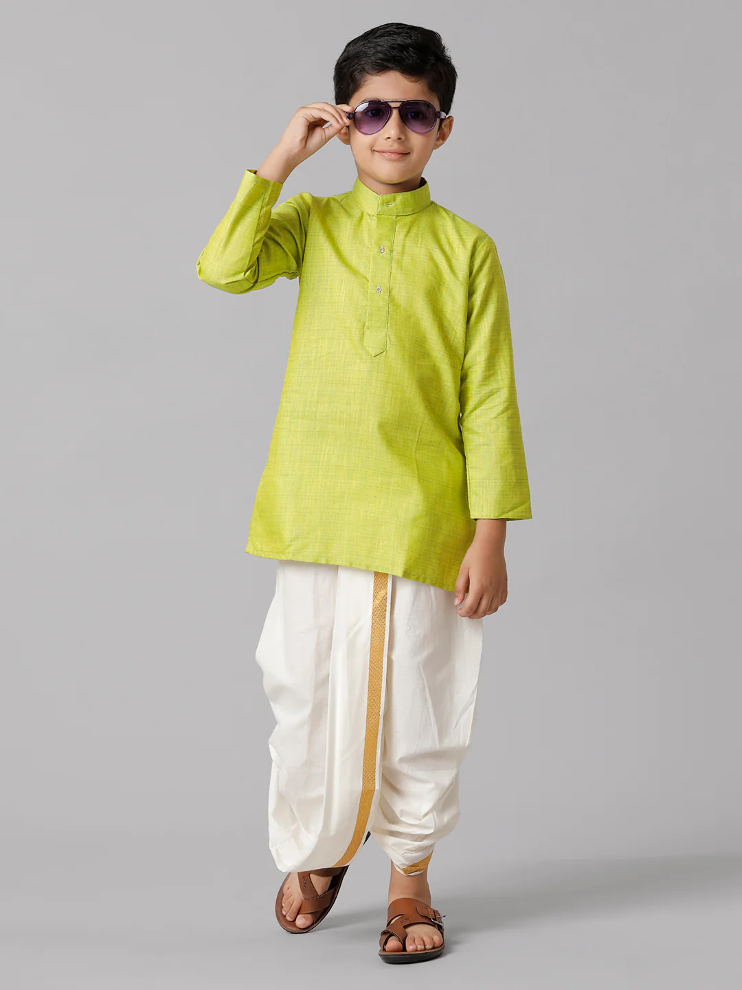 Boys Parrot Green Kurta with Cream Elastic Panchakacham Towel Set FS2 - Image 2
