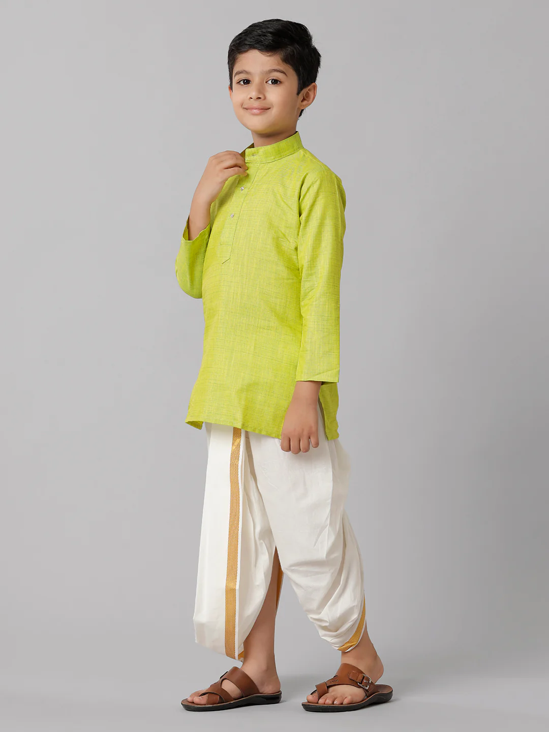 Boys Parrot Green Kurta with Cream Elastic Panchakacham Towel Set FS2 - Image 3
