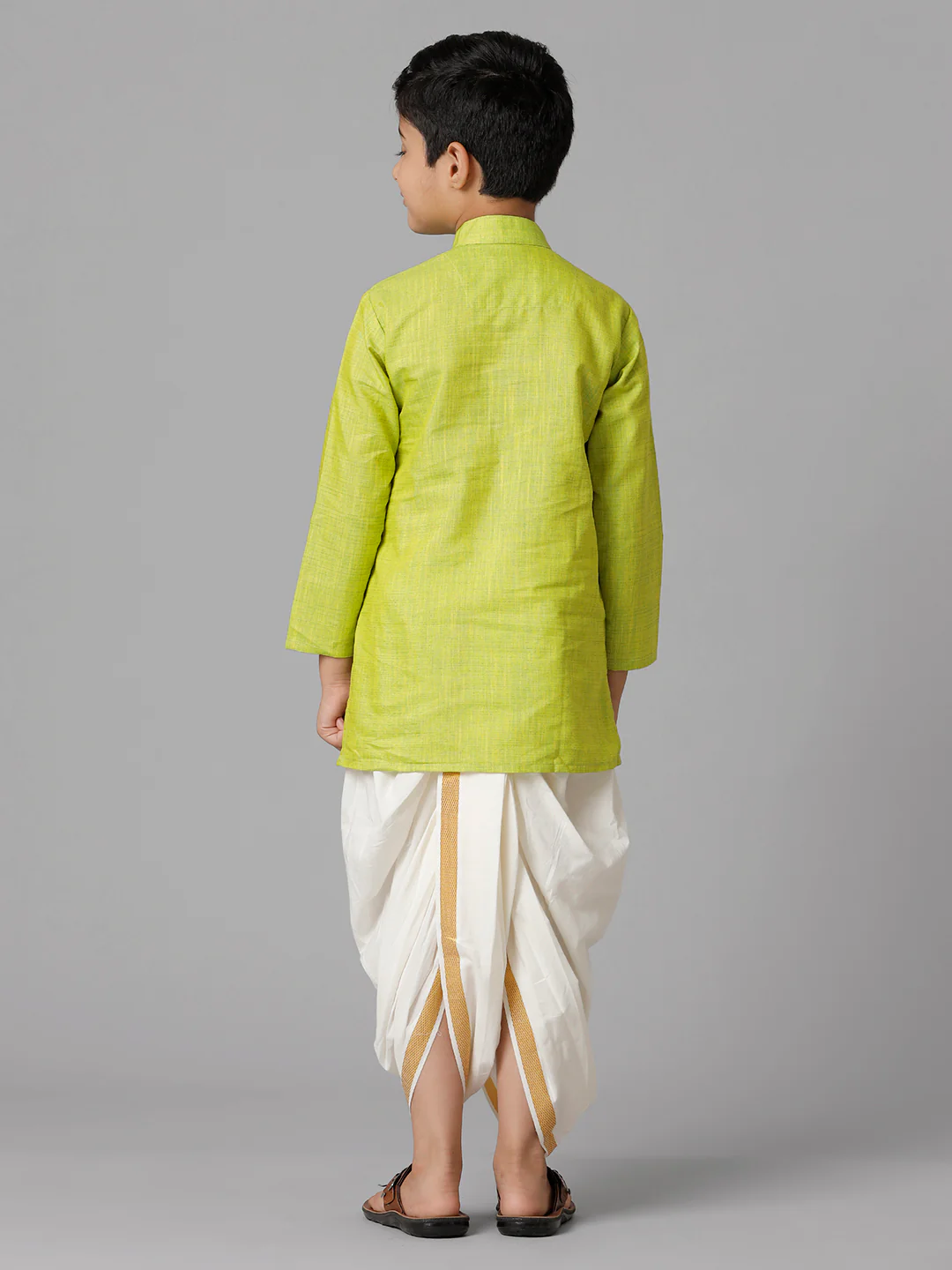 Boys Parrot Green Kurta with Cream Elastic Panchakacham Towel Set FS2 - Image 4