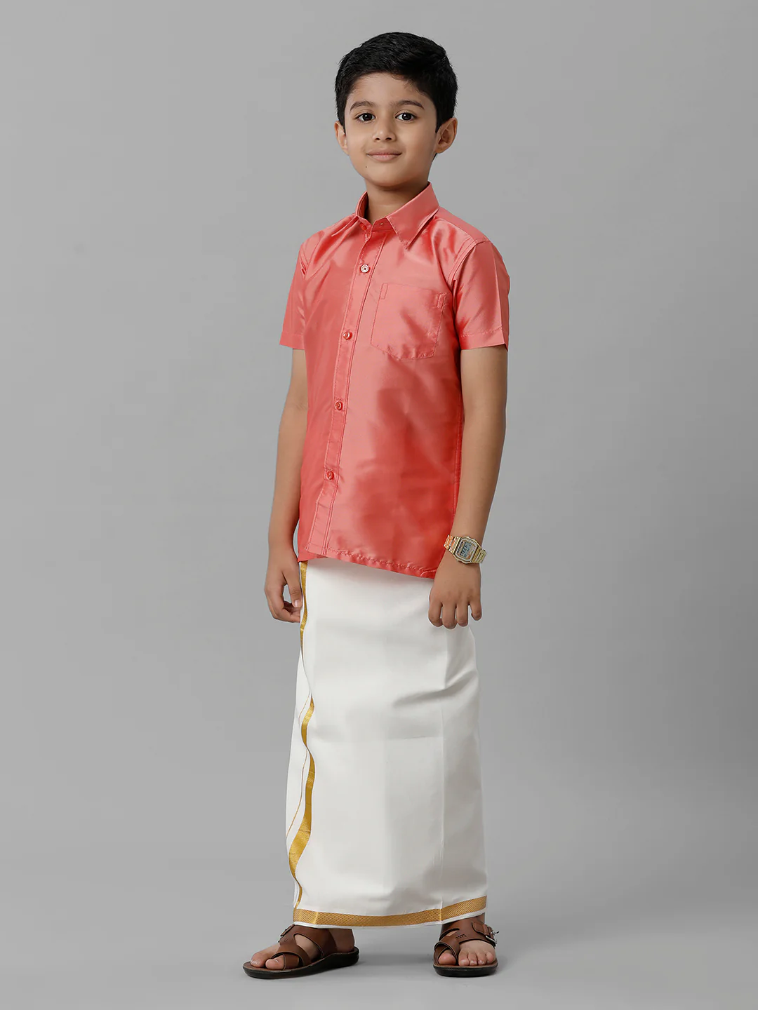 Boys Pink Half Sleeves Shirt with Cream Dhoti Combo K45 - Image 2