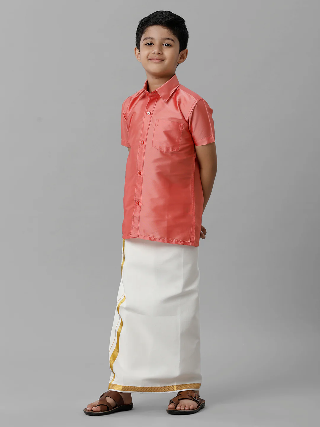 Boys Pink Half Sleeves Shirt with Cream Dhoti Combo K45 - Image 3