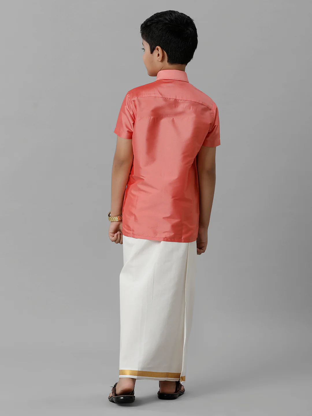 Boys Pink Half Sleeves Shirt with Cream Dhoti Combo K45 - Image 4