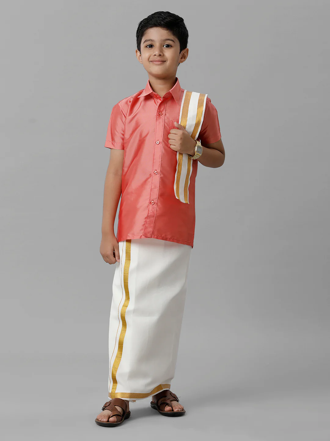 Boys Pink Half Sleeves Shirt with Cream Dhoti Towel Combo K45 - Image 2