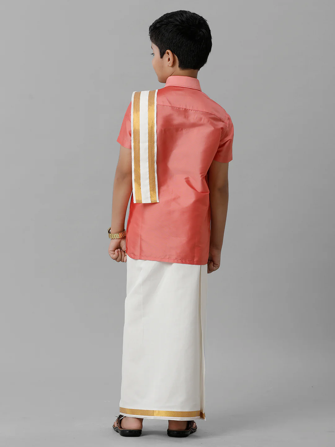 Boys Pink Half Sleeves Shirt with Cream Dhoti Towel Combo K45 - Image 3