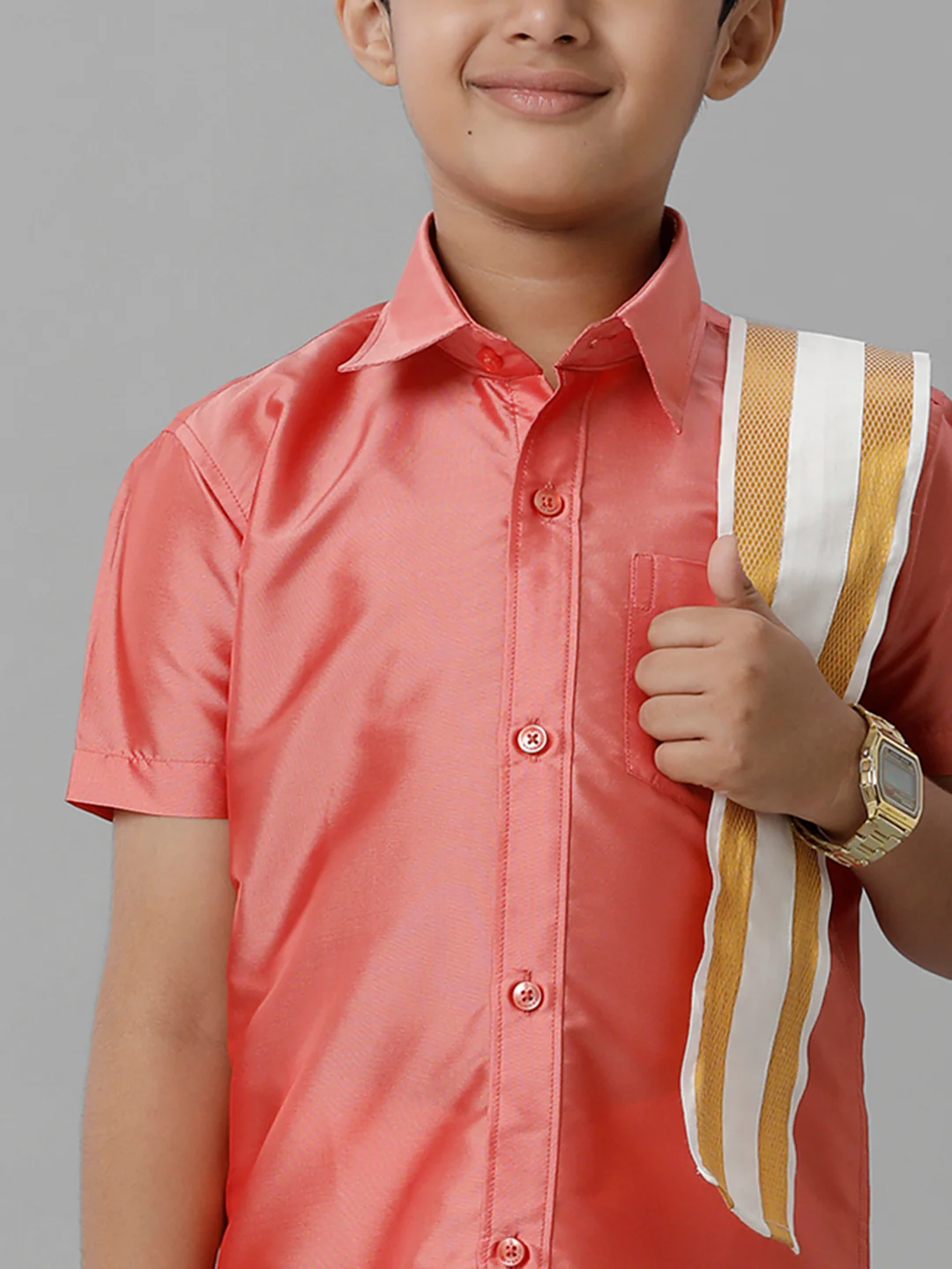 Boys Pink Half Sleeves Shirt with Cream Dhoti Towel Combo K45 - Image 4