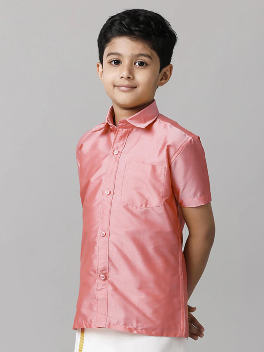 Boys Pink Half Sleeves Shirt with White Dhoti Combo K45 - Image 5
