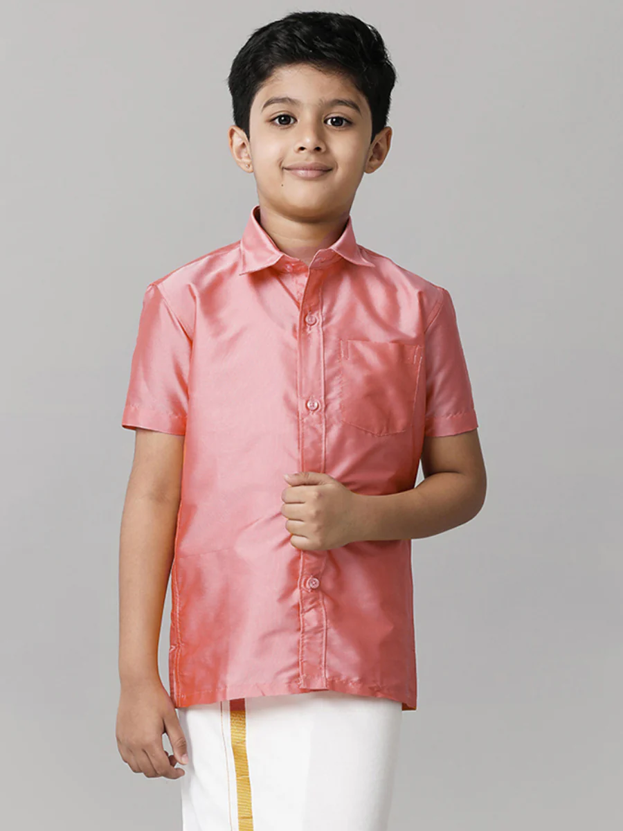Boys Pink Half Sleeves Shirt with White Dhoti Combo K45 - Image 6