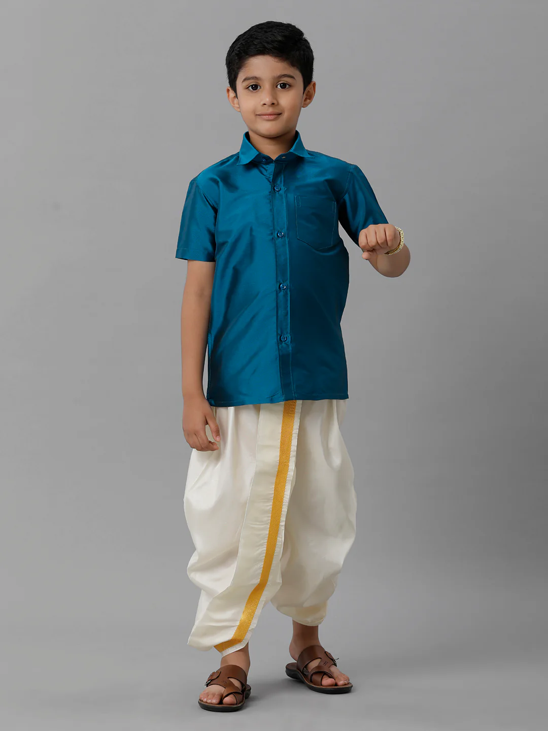 Boys Ramar Blue Half Sleeves Shirt with Cream Panchakacham Set K1 - Image 2