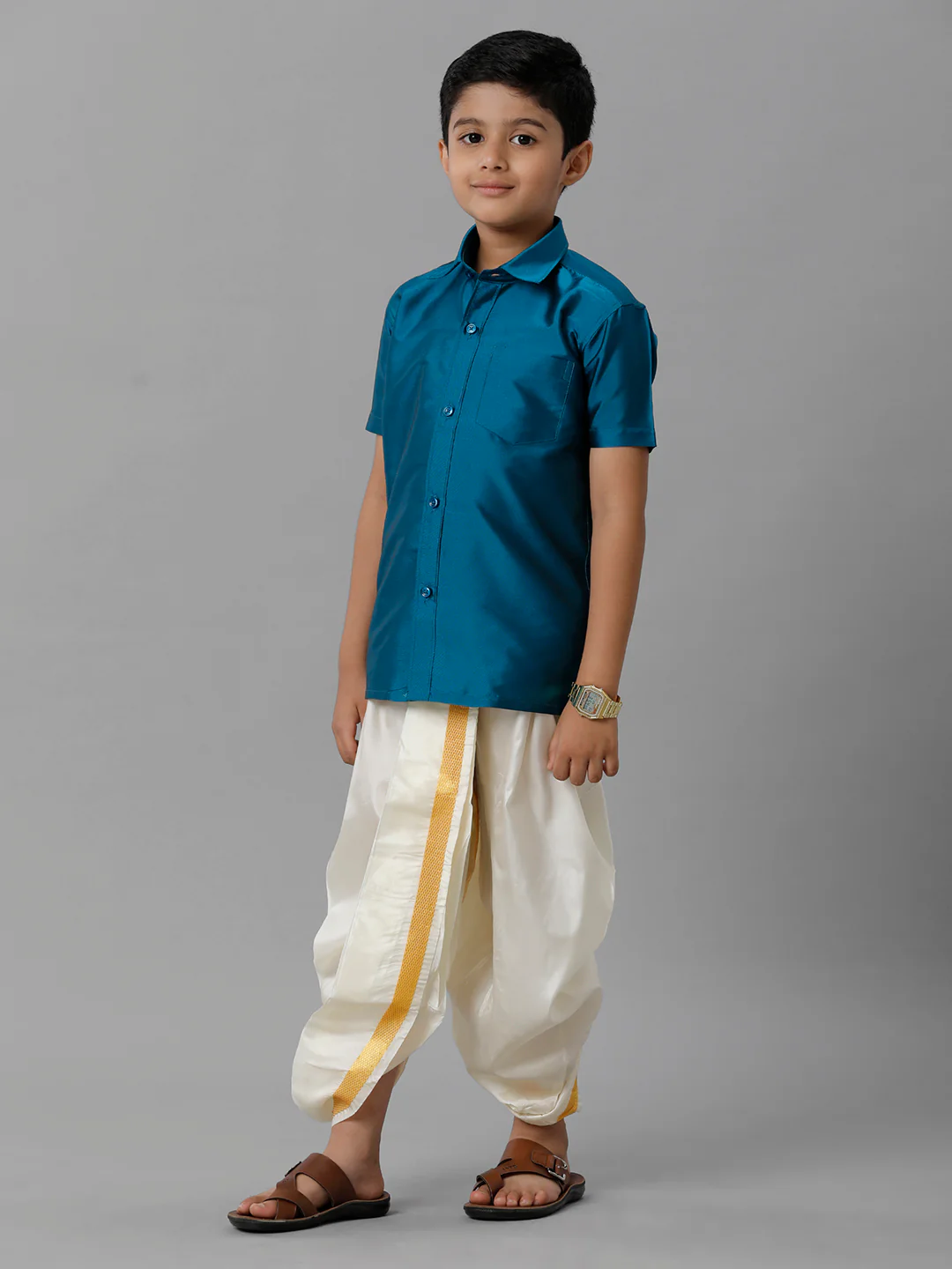Boys Ramar Blue Half Sleeves Shirt with Cream Panchakacham Set K1 - Image 3