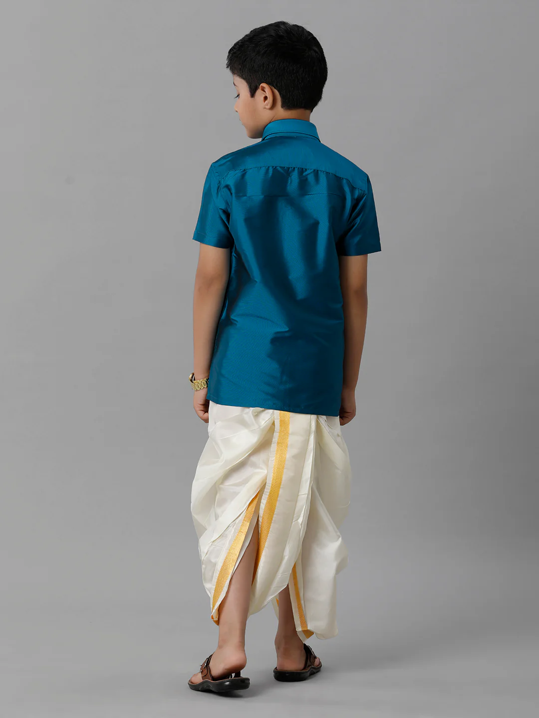 Boys Ramar Blue Half Sleeves Shirt with Cream Panchakacham Set K1 - Image 4