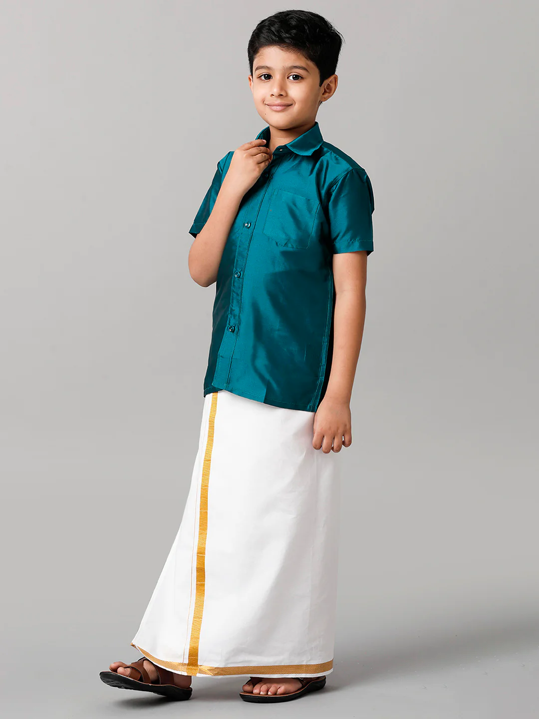 Boys Ramar Green Half Sleeves Shirt with White Dhoti Combo K3 - Image 2