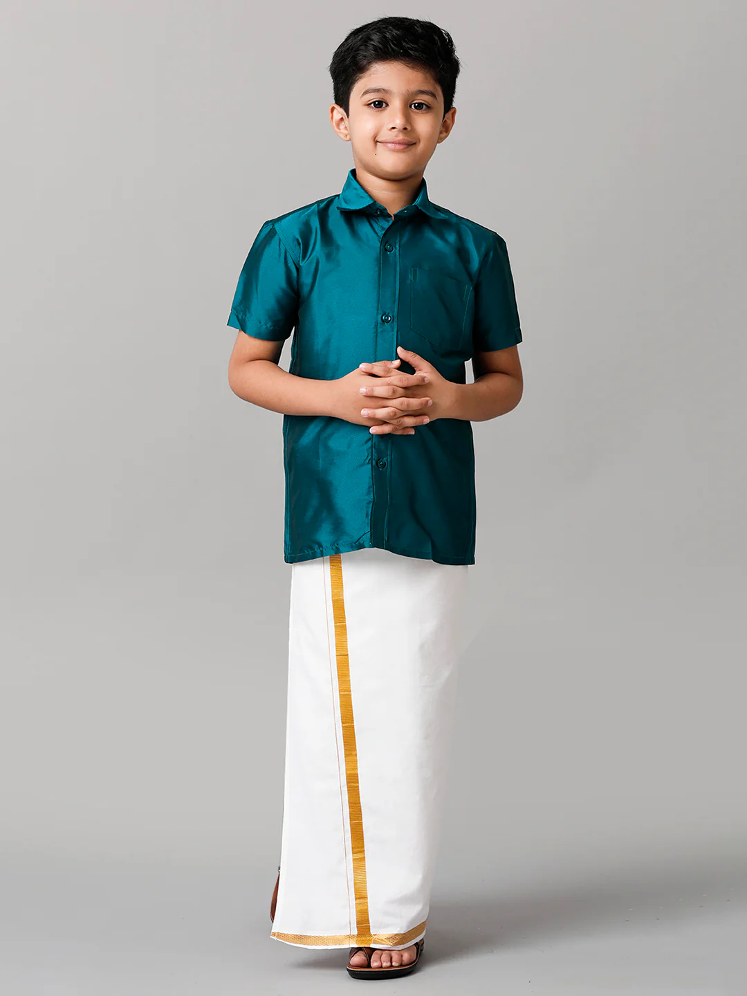 Boys Ramar Green Half Sleeves Shirt with White Dhoti Combo K3 - Image 3