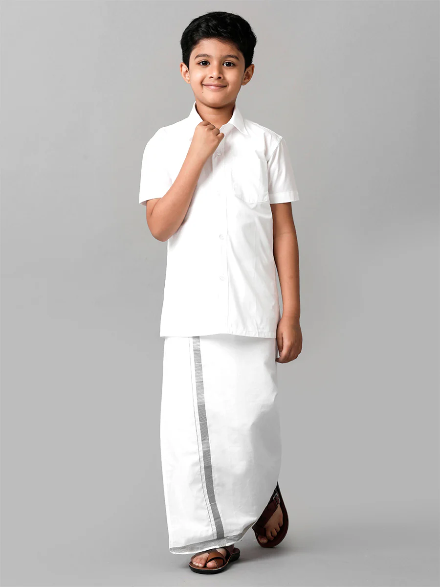 Boys Readymade Single Layer White Dhoti With Silver Jari Border - Image 3