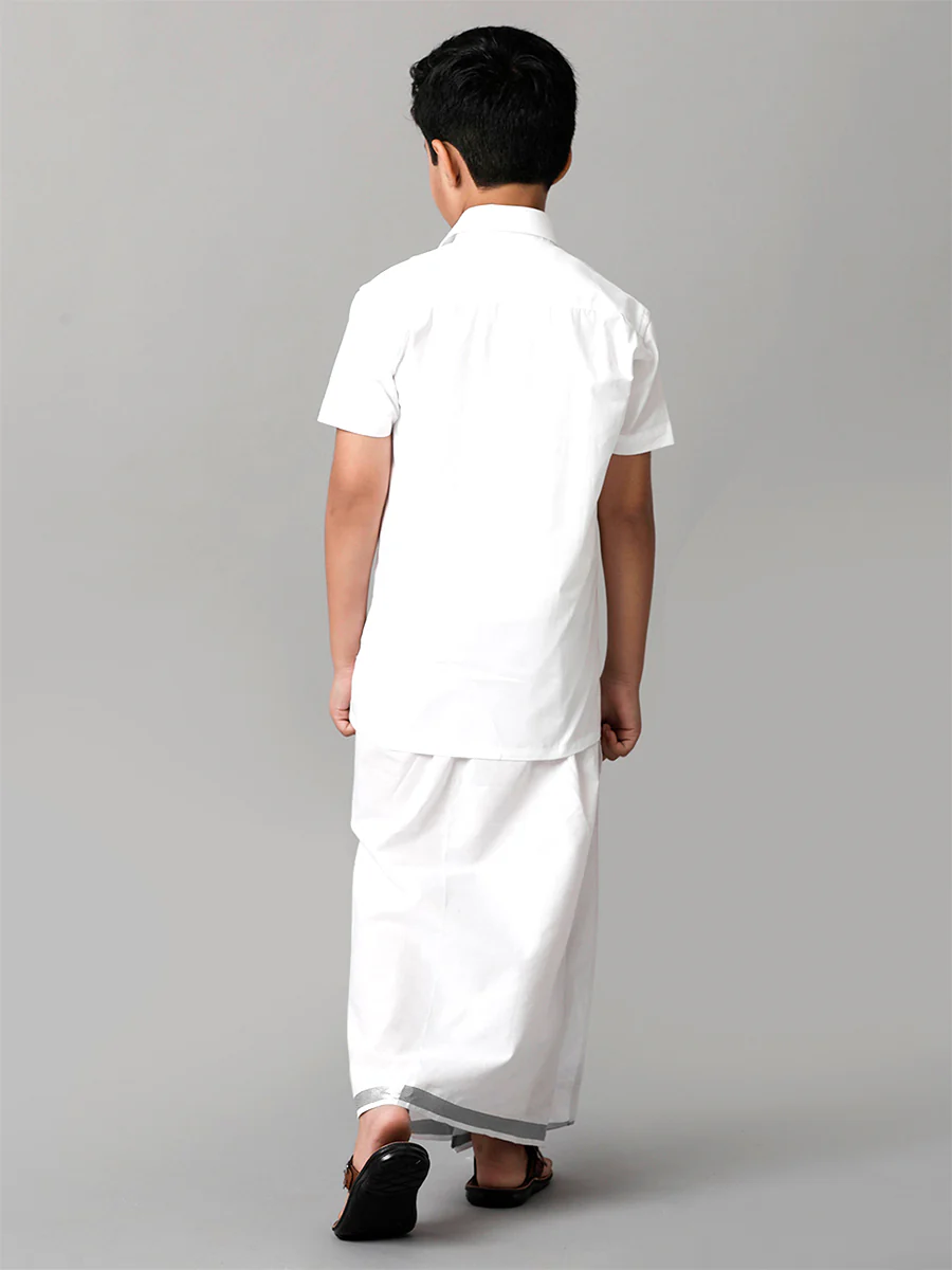 Boys Readymade Single Layer White Dhoti With Silver Jari Border - Image 4