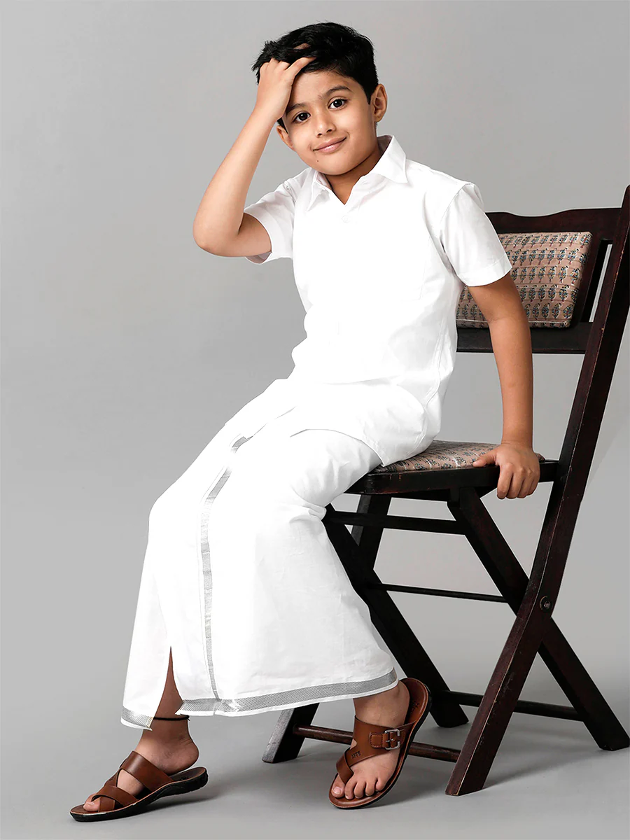 Boys Readymade Single Layer White Dhoti With Silver Jari Border - Image 5