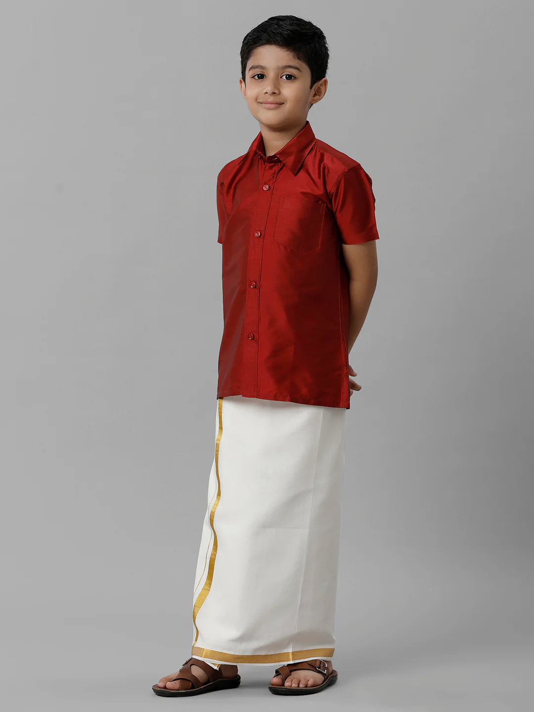 Boys Red Half Sleeves Shirt with Cream Dhoti Combo K8 - Image 2